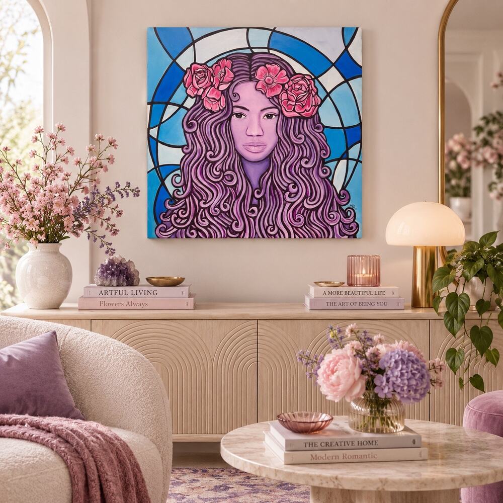 Original 2017 Acrylic Painting Woman Flowers Portrait Signed Canvas 20x20